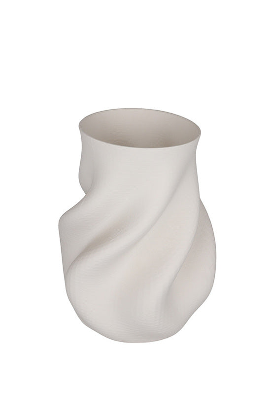 Taller Bella white 3D printed vase against a plain white background