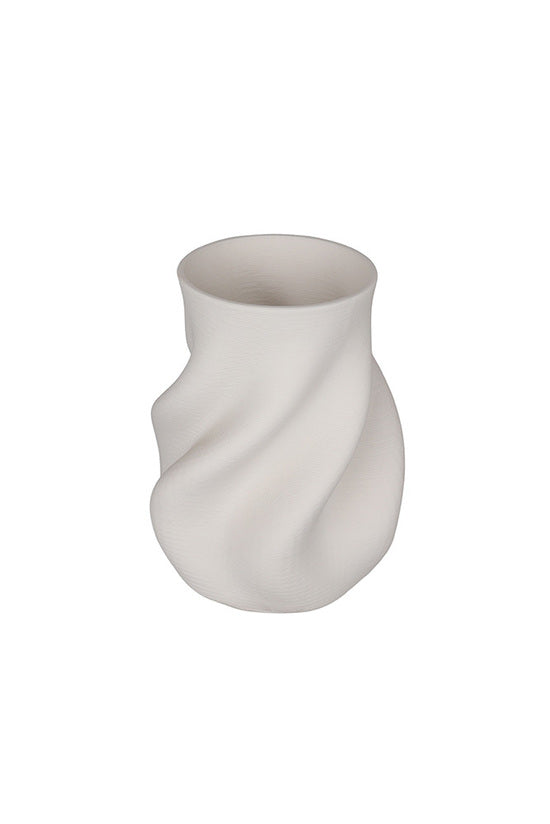 Bella white 3D printed vase with a soft twisting swirl down its body, shown alone on white