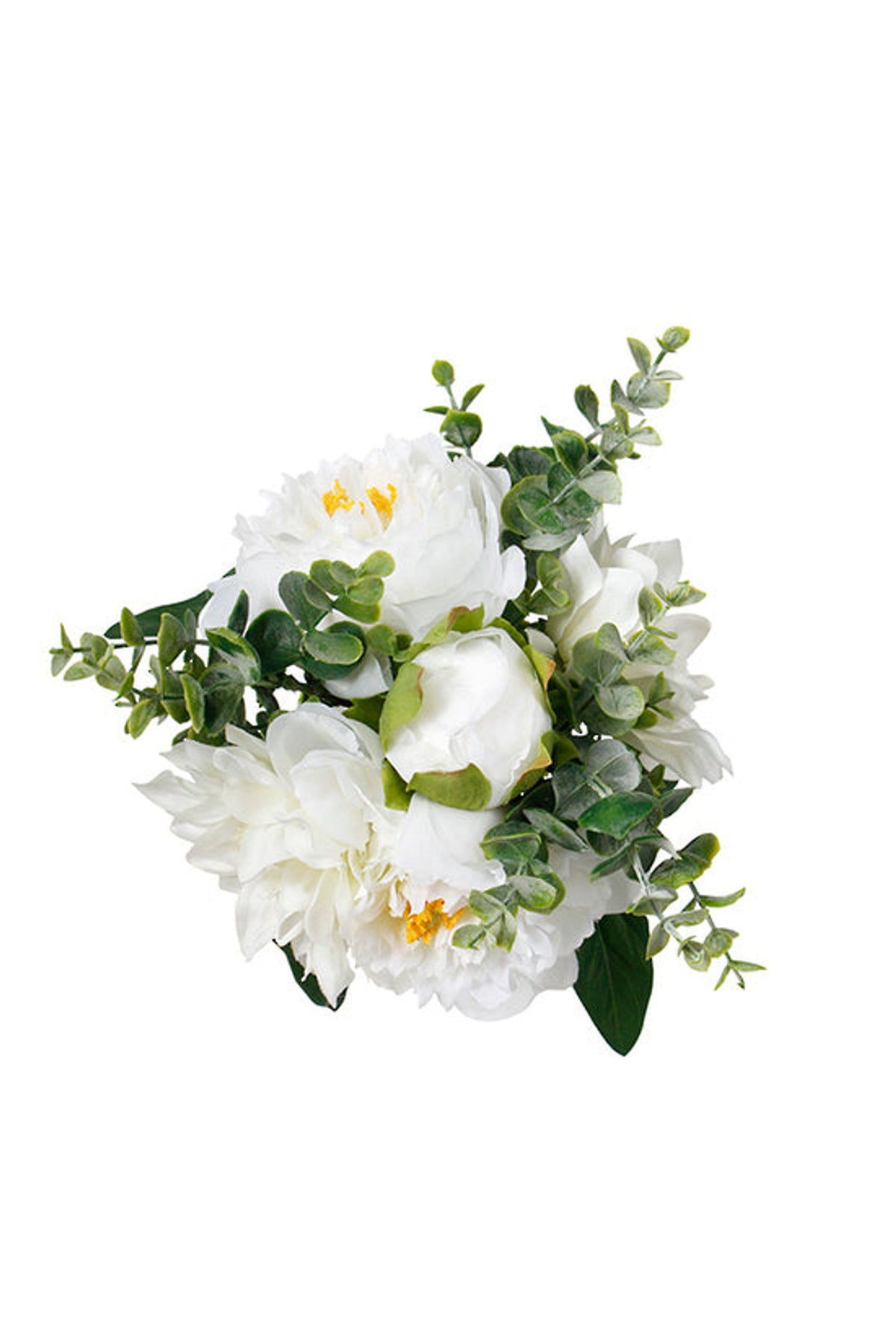 Dahlia and peony bouquet seen from above, on white