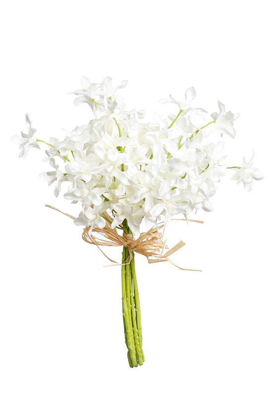 Faux white dendrobium orchid bundle tied with twine on a white background