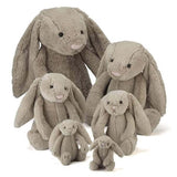A group of soft plush Jellycat Bashful Beige Bunny (Two Sizes) stuffed rabbits sitting in front of a white background.