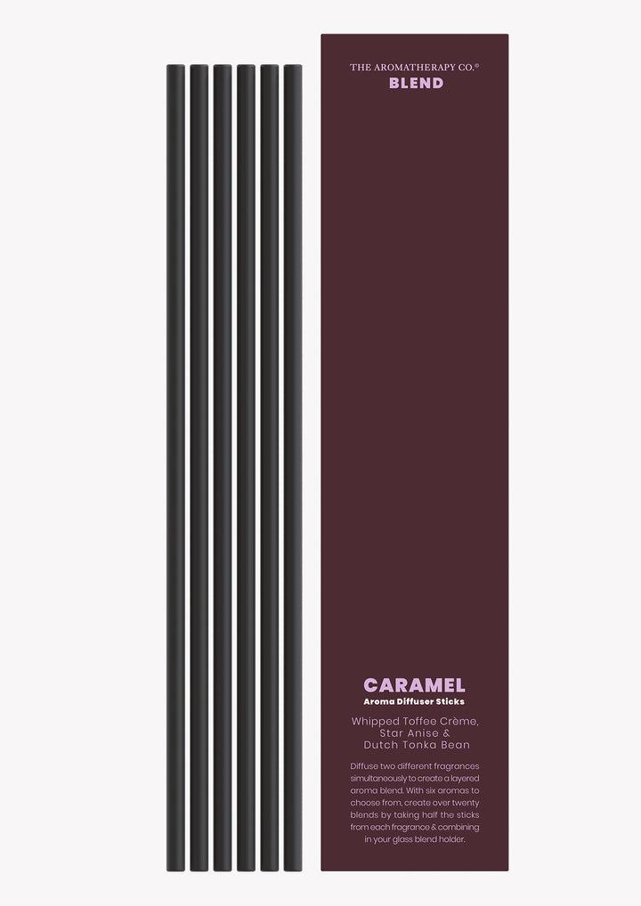 Caramel aroma sticks with the black reeds laid beside the dark brown Blend sleeve
