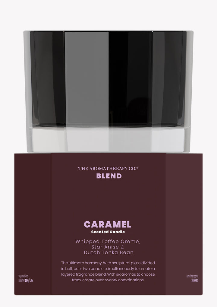 Blend Caramel scented candle in black glass stacked on its chocolate brown box