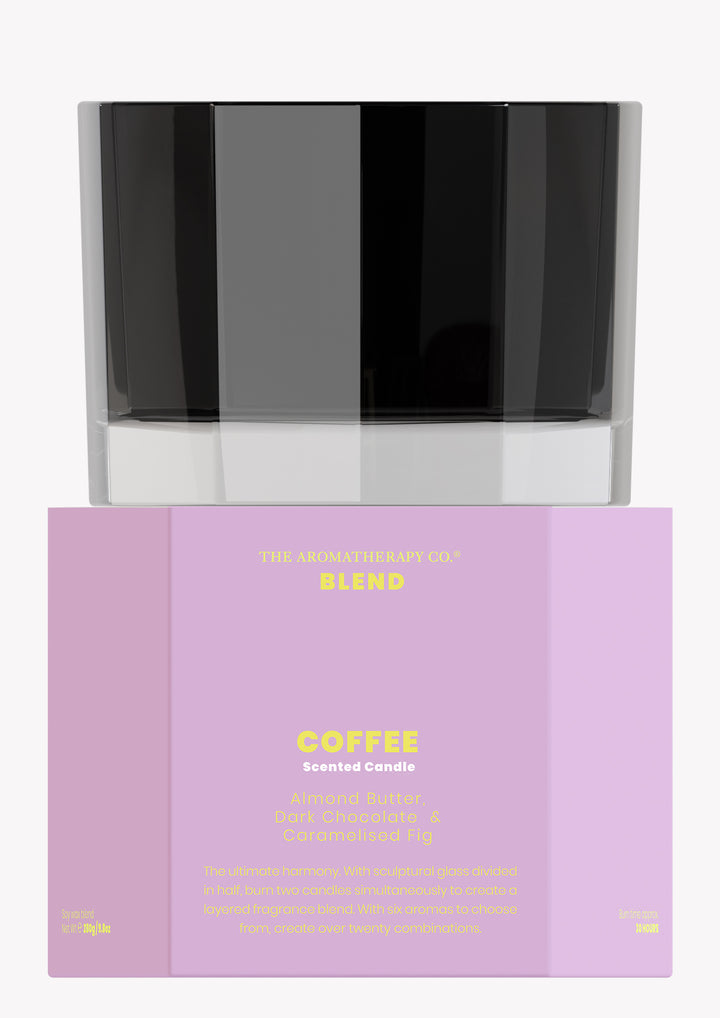 Blend Coffee scented candle in black glass stacked on its lilac box