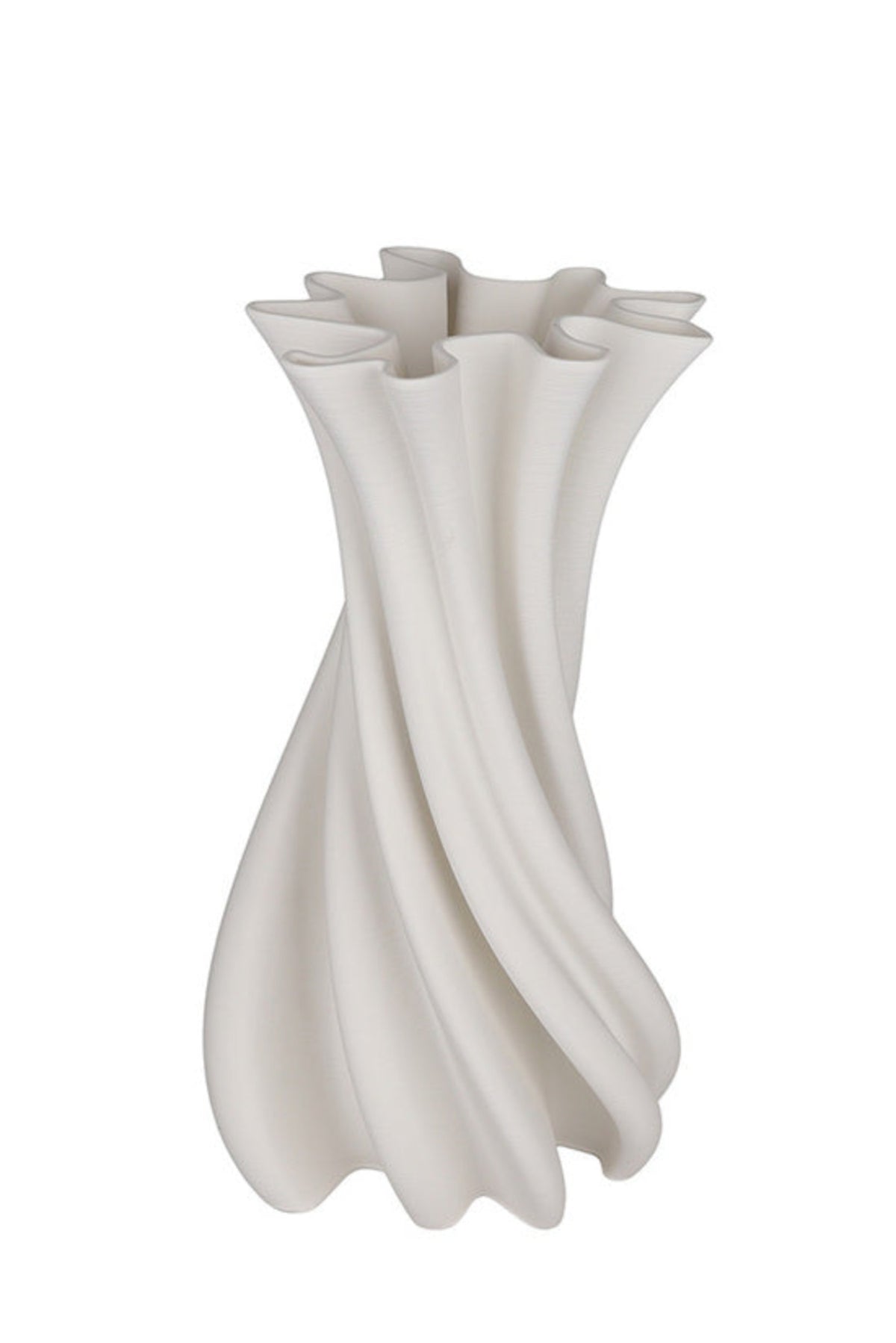 Camila 3D printed porcelain vase in matte white with a twisting fluted form on a white background