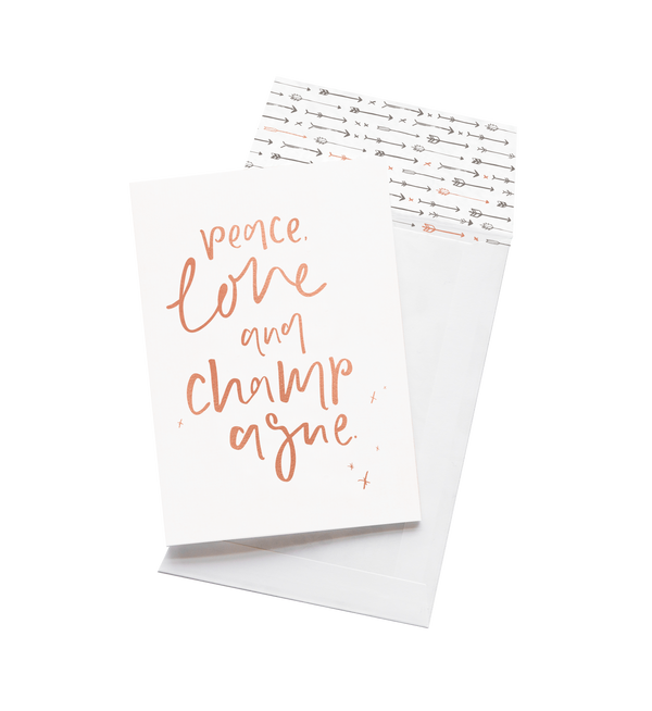 Peace, Love + Champagne luxe greeting card by Emma Kate Co