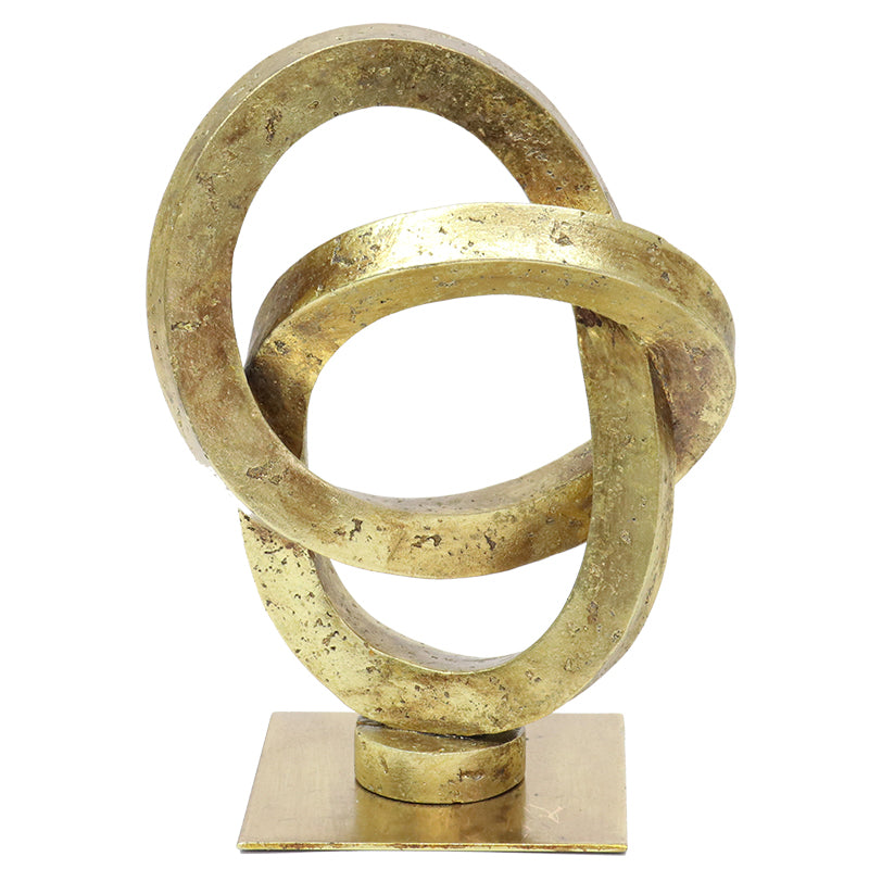Abstract Sculpture 08 in gold, interlocking rings with an aged brass finish on a square base