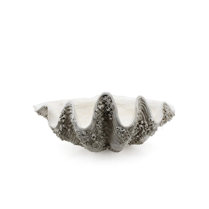 Extra large resin clam shell bowl, deeply waved rim with a barnacled outer surface