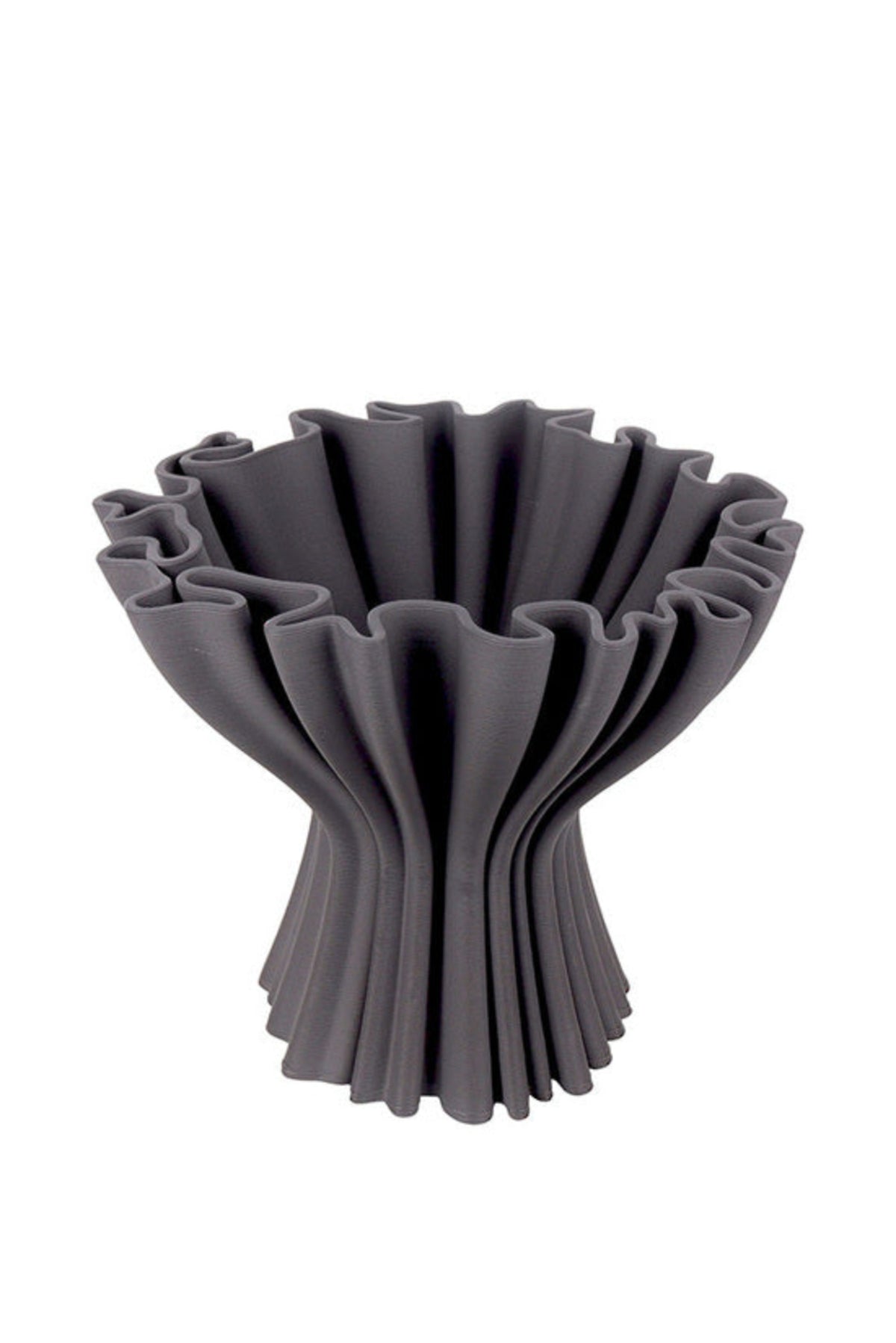 Cleo 3D printed compote vase in grey on a plain white background, showing the fluted sculptural form