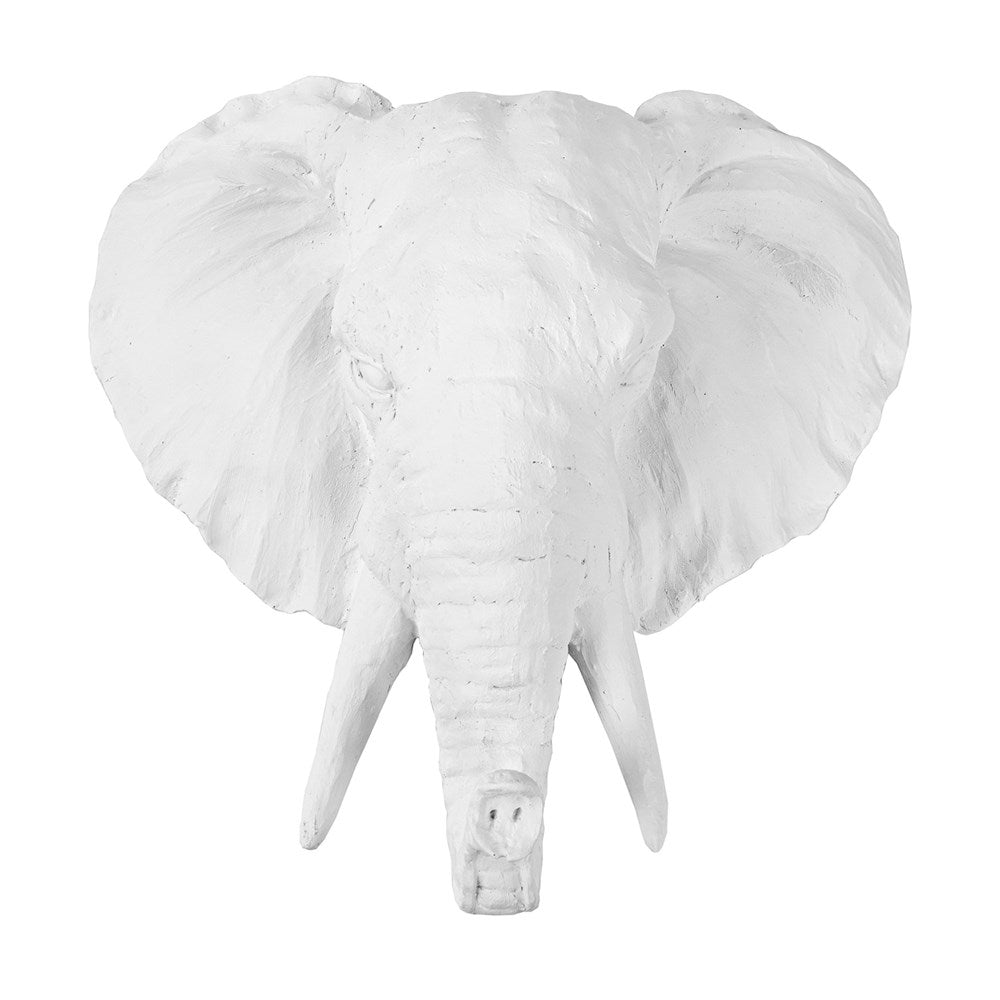 White elephant head wall plaque shown front on, ears spread and trunk hanging low