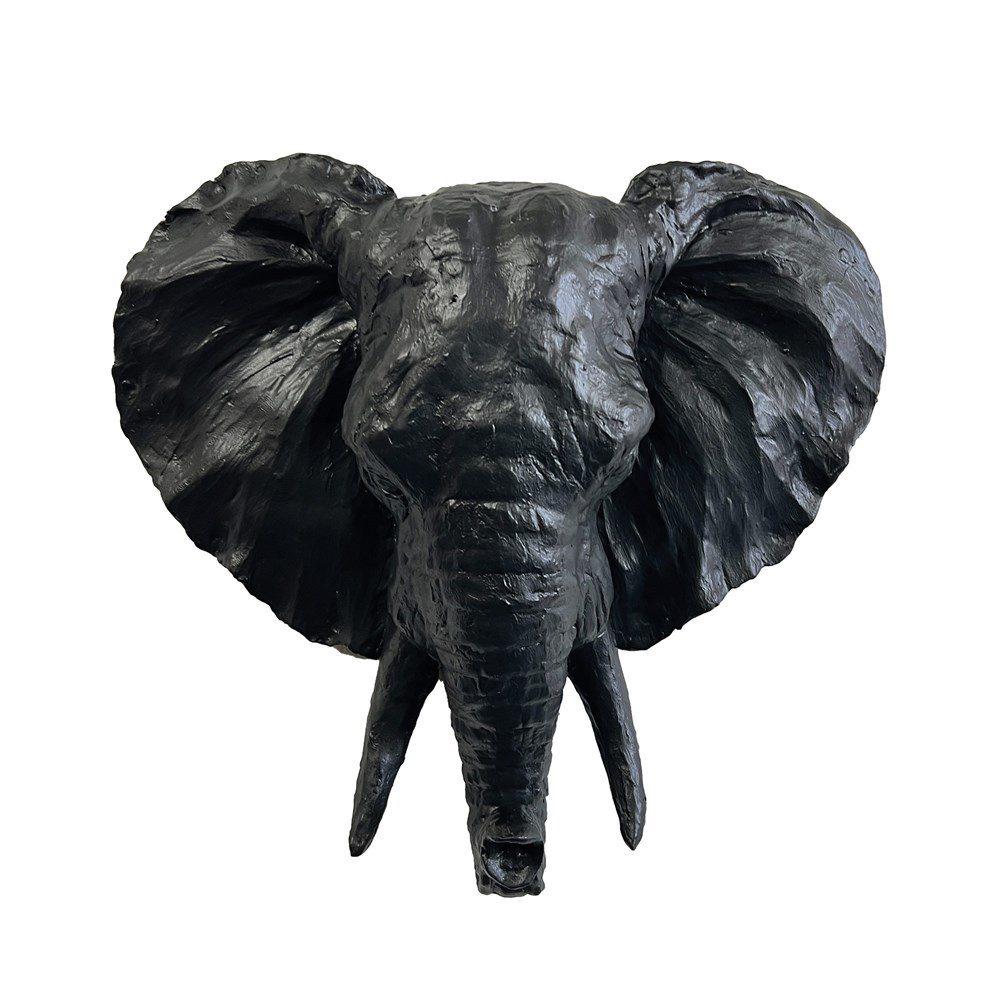 Black elephant head wall plaque front on, the moulded texture catching the light
