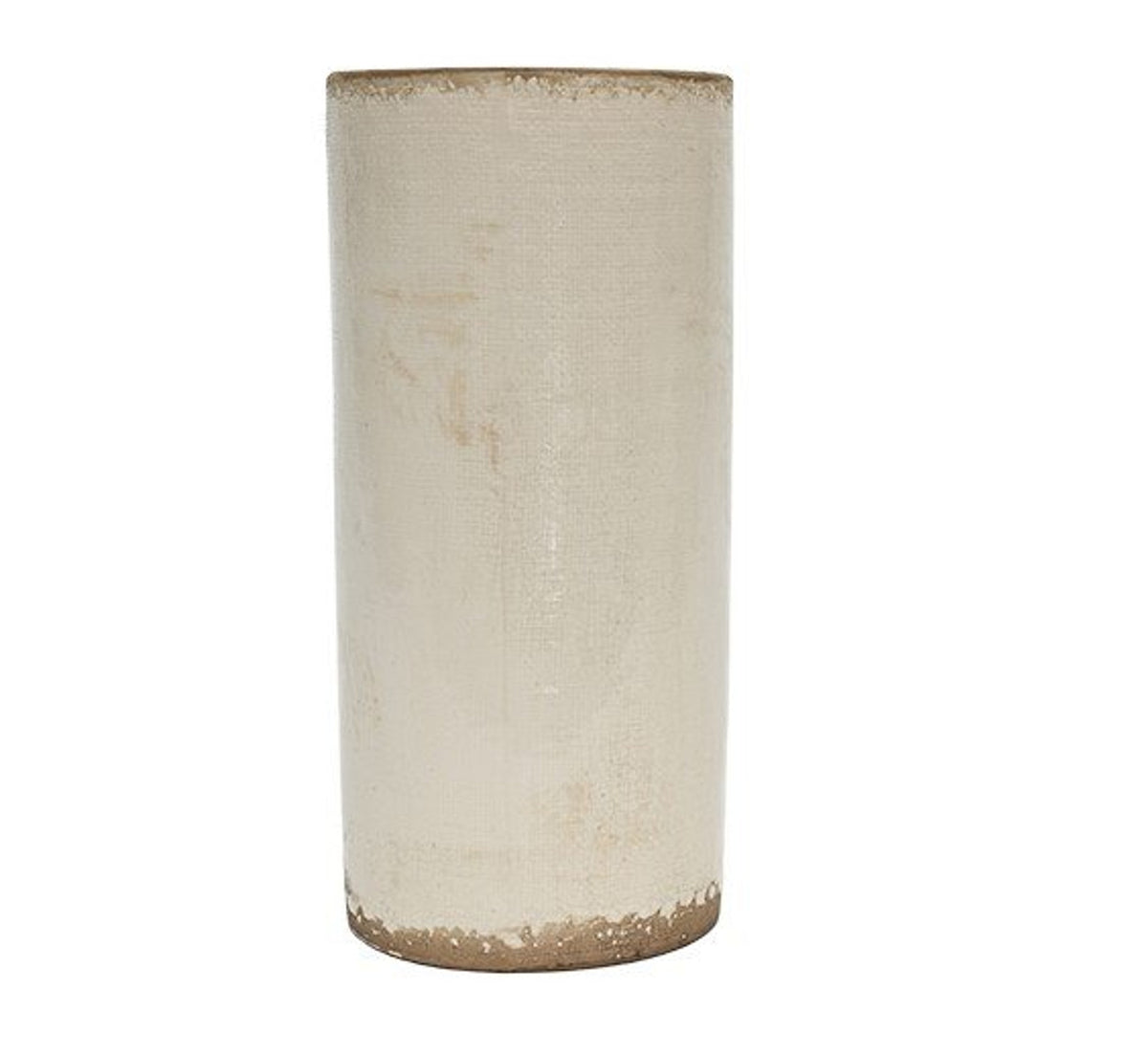 Taller Jardin vase in cream crackle glaze with warm brown speckling along the rim and base, white background
