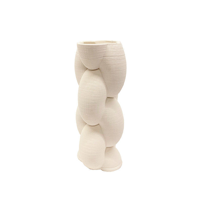 Totem vase in white porcelain, stacked rounded forms printed in fine ridges