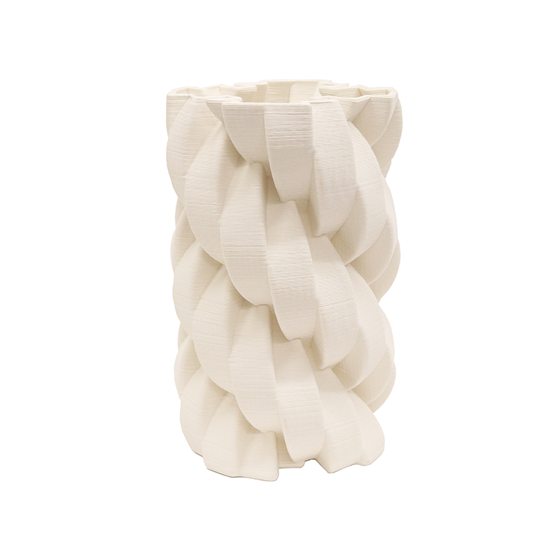 Braided porcelain vase in white, thick printed strands plaited around the body