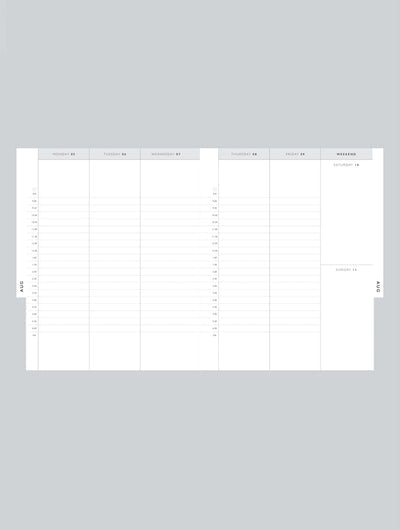 A white 2024 DAILY HUSTLE PLANNER in oatmeal by Write To Me for monthly scheduling on a gray background.