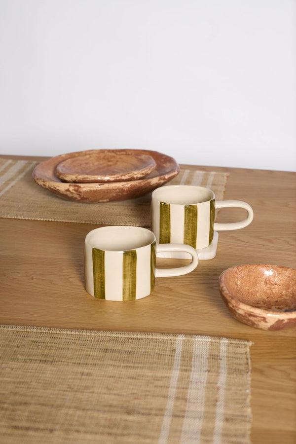Fenton Stripe Mug styled on a breakfast tray with linen napkin
