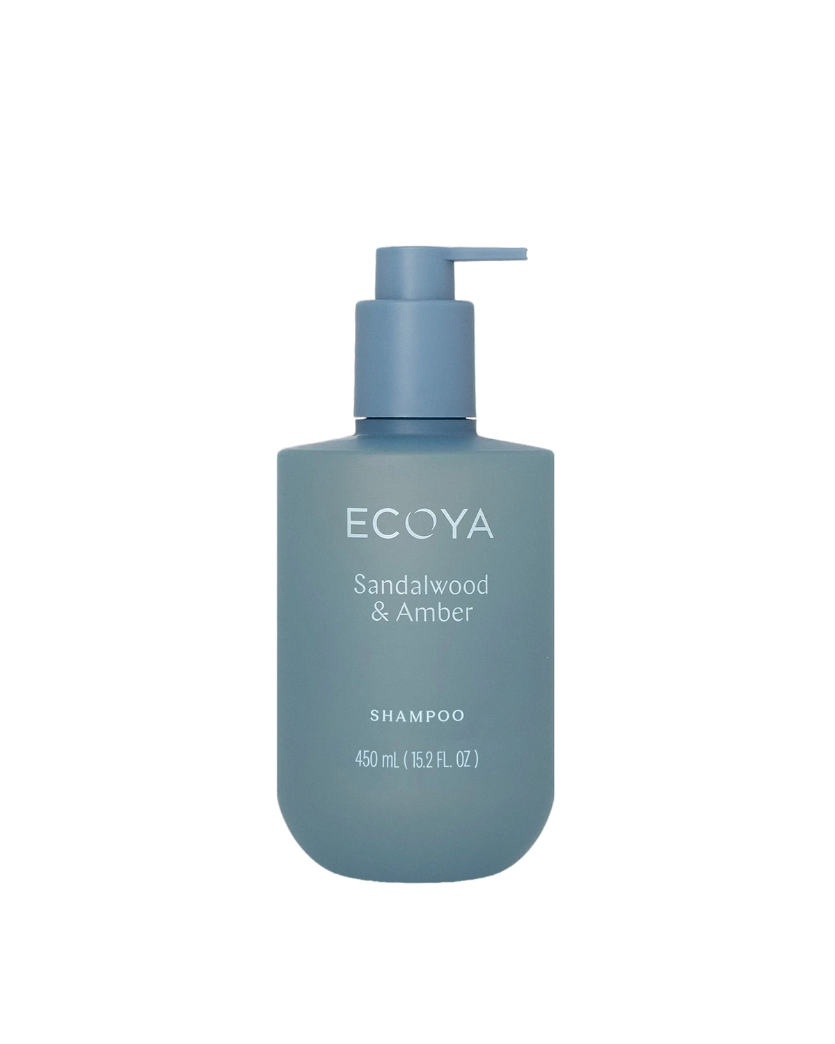Ecoya Sandalwood and Amber shampoo in a 450ml blue-grey pump bottle