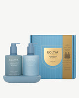 Sandalwood and Amber Bathroom Edit gift box with gold foil band by Ecoya