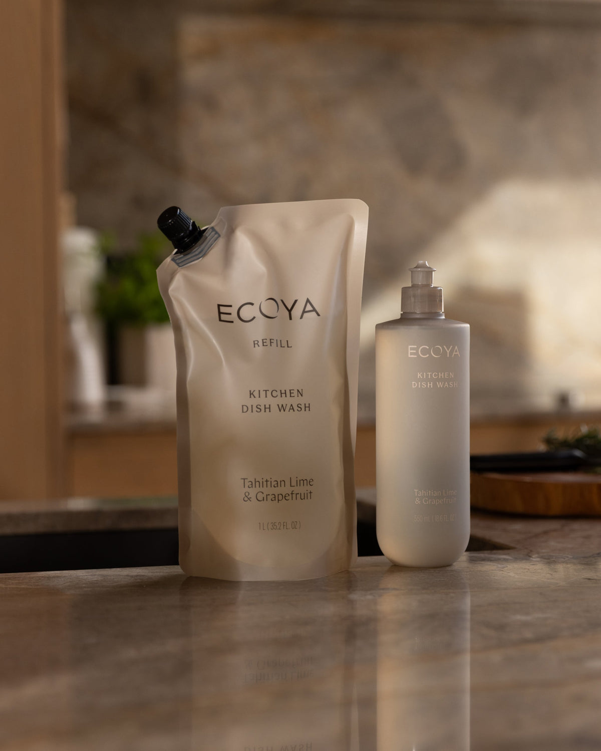 Ecoya Tahitian Lime and Grapefruit dish wash refill pouch styled in a kitchen