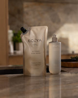 Ecoya Tahitian Lime and Grapefruit dish wash refill pouch styled in a kitchen
