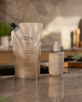Ecoya Tahitian Lime and Grapefruit hand wash refill pouch styled in a kitchen