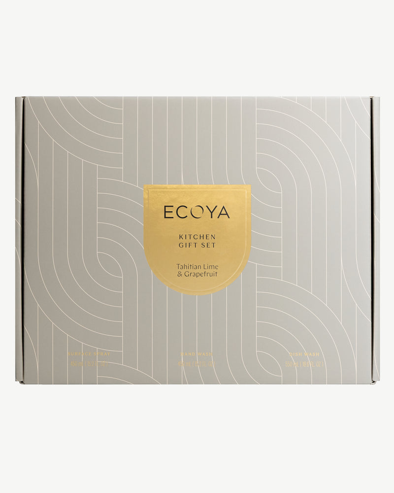 The closed Ecoya Kitchen Gift Set box in cream with a gold Ecoya seal