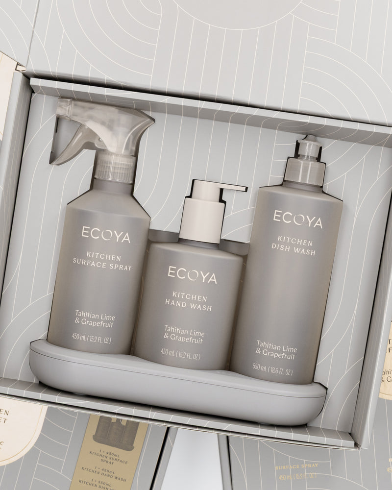 Ecoya Kitchen Gift Set opened, showing the surface spray, hand wash and dish wash seated in the box
