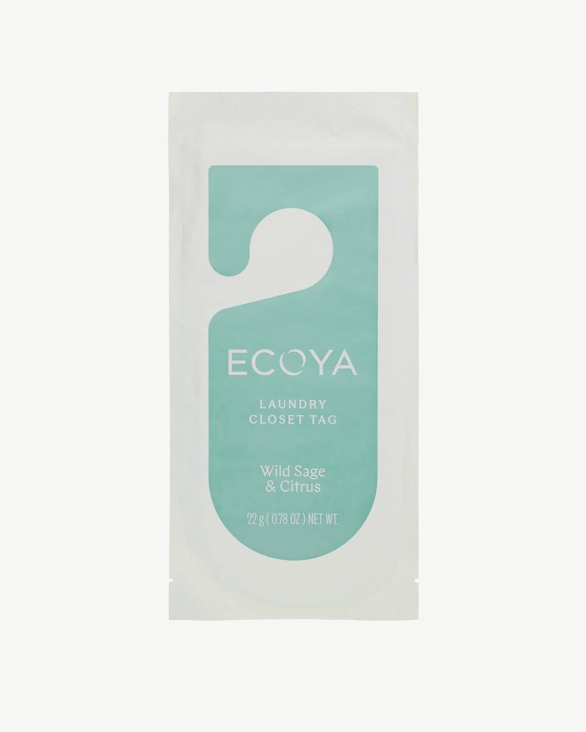 Ecoya Wild Sage and Citrus closet tag in its individually sealed sachet