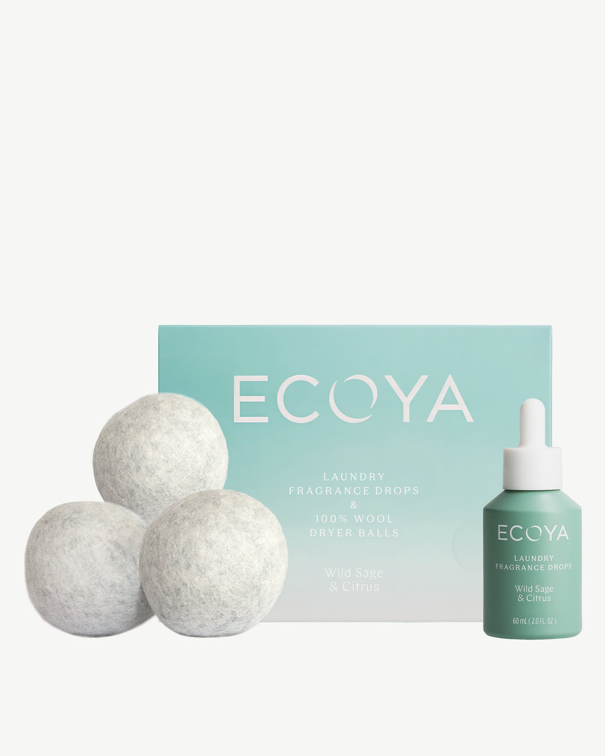 Ecoya Wild Sage and Citrus dryer ball set with New Zealand wool balls, fragrance drops and packaging