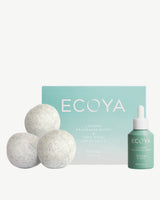 Ecoya Wild Sage and Citrus dryer ball set with New Zealand wool balls, fragrance drops and packaging