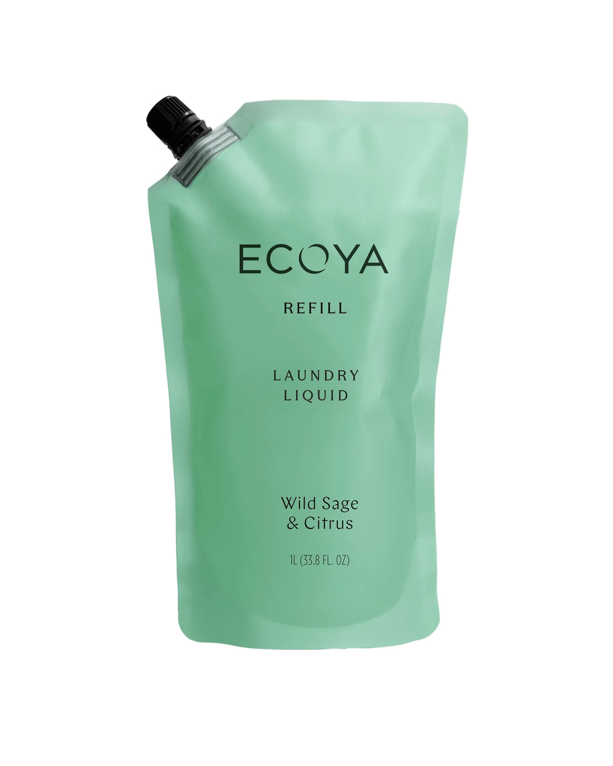 Ecoya Wild Sage and Citrus laundry liquid 1 litre refill pouch with a black screw cap