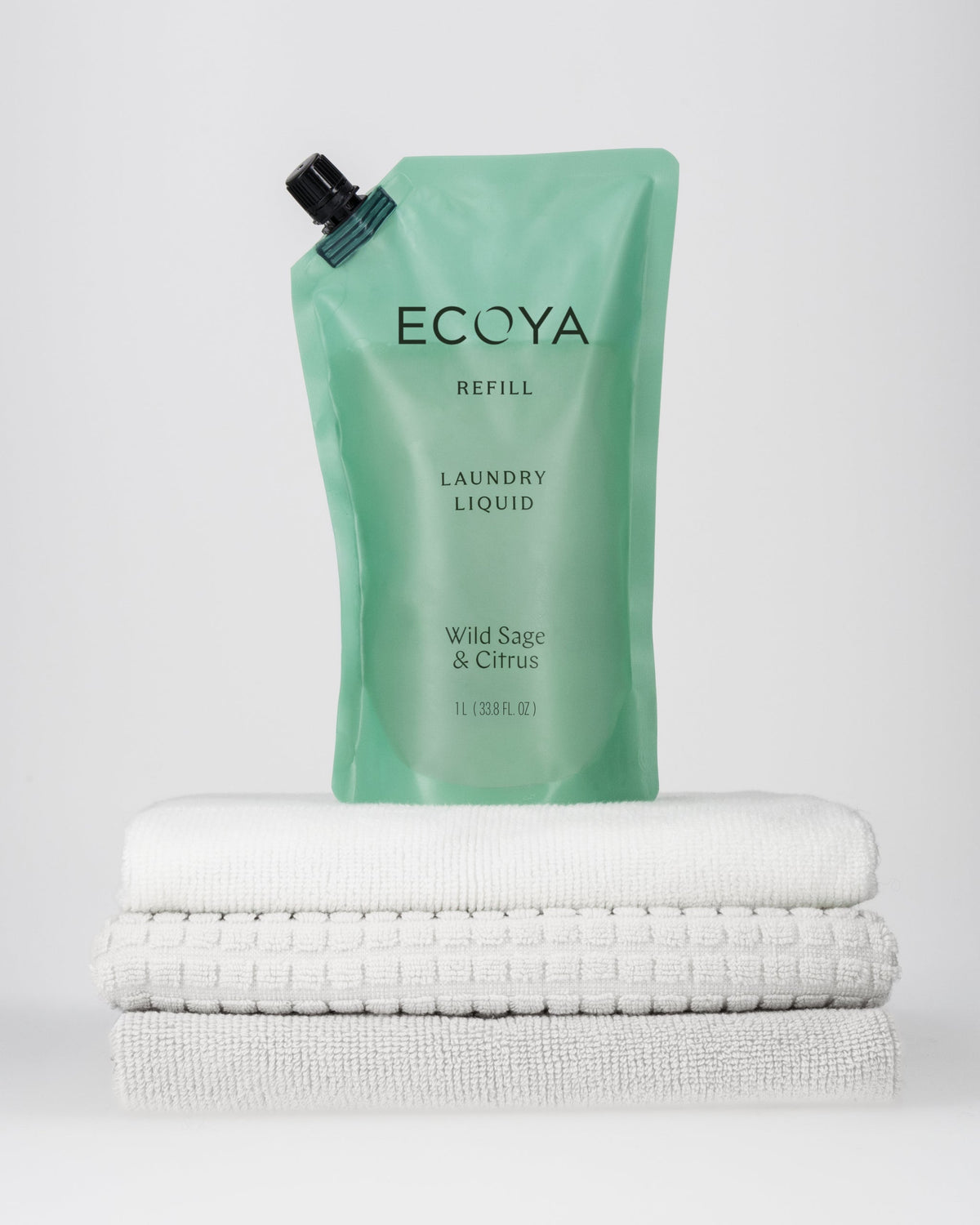 Ecoya Wild Sage and Citrus laundry liquid refill pouch, alternate angle