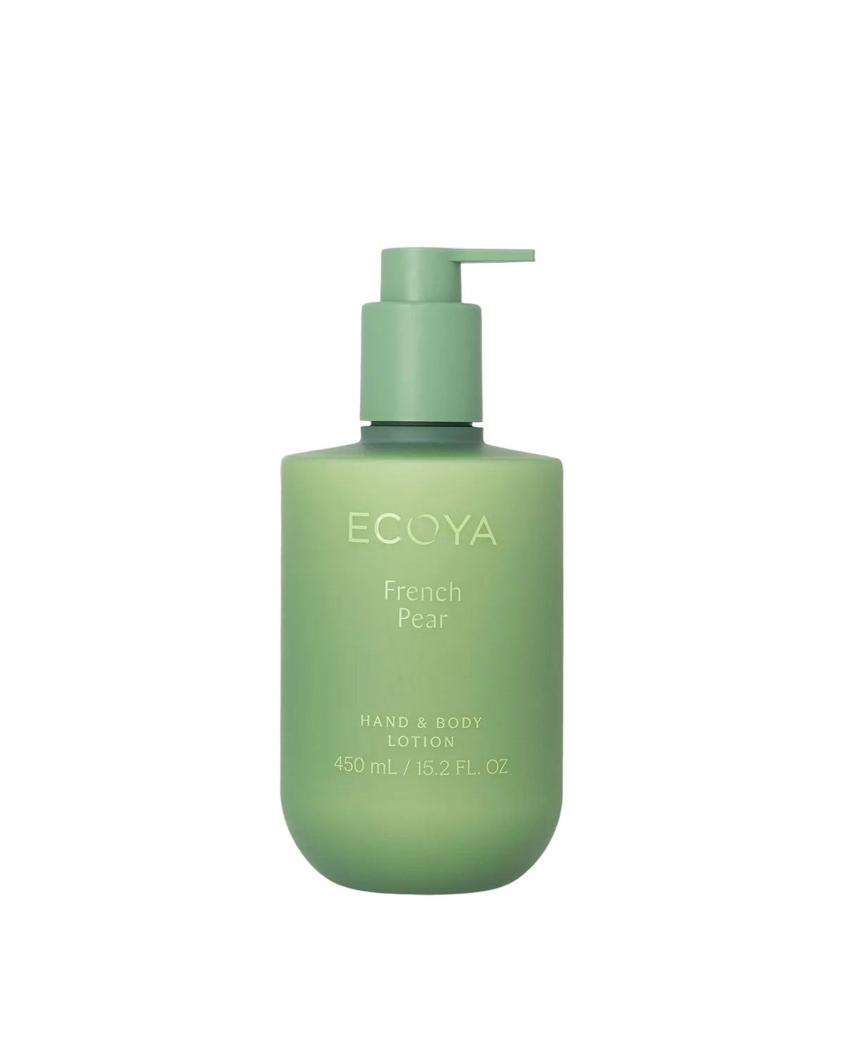 Green bottle of Ecoya French Pear hand and body lotion on a white background