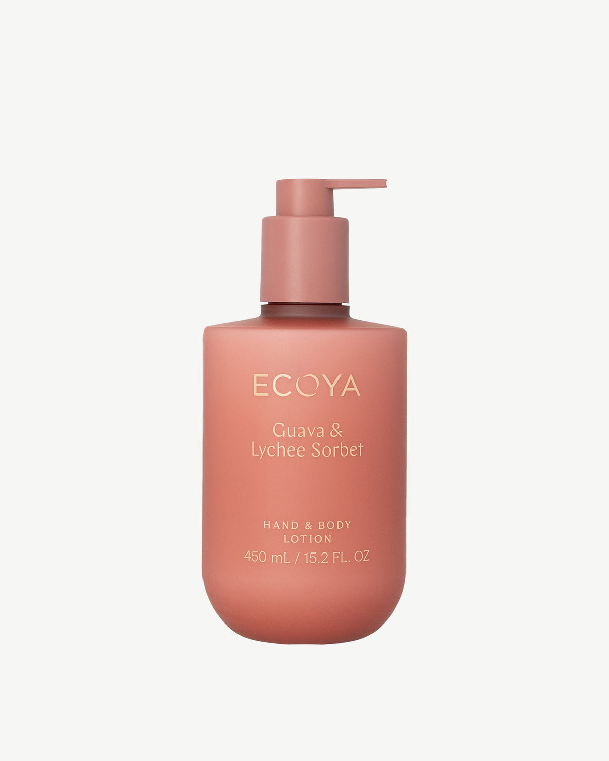 Ecoya Guava & Lychee Sorbet hand and body lotion 450ml in a terracotta pump bottle