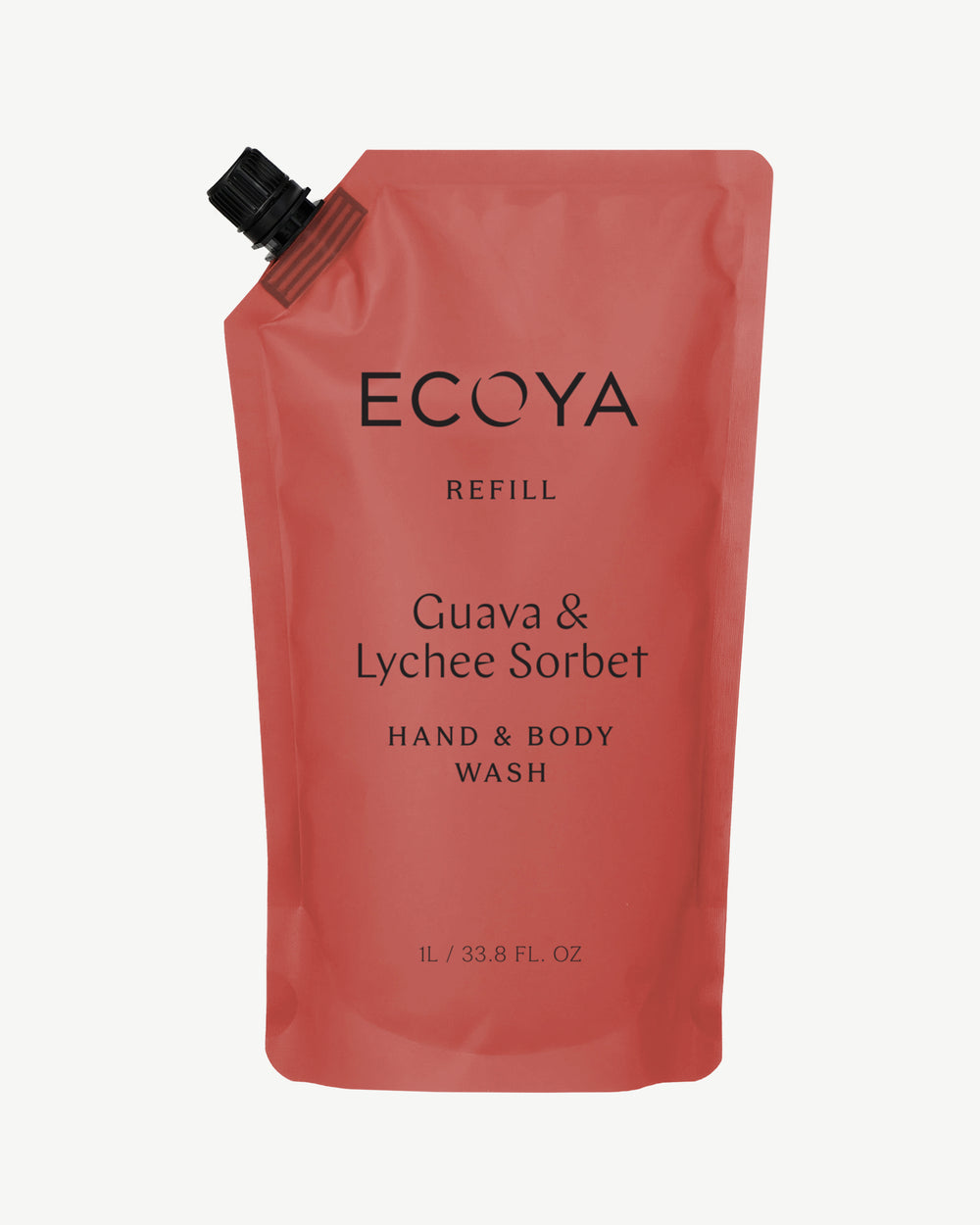 Ecoya Guava & Lychee Sorbet hand and body wash 1L refill pouch in red