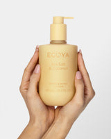 Ecoya Sea Salt and Coconut hand and body lotion styled on a bathroom shelf