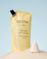 Ecoya Sea Salt and Coconut 1L refill styled beside the 450ml hand and body wash