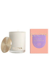 Scandinavian-inspired Yuzu & Sandalwood Madison Candle by Ecoya in a pink box, perfect for enhancing home design and creating a delightful home fragrance experience.
