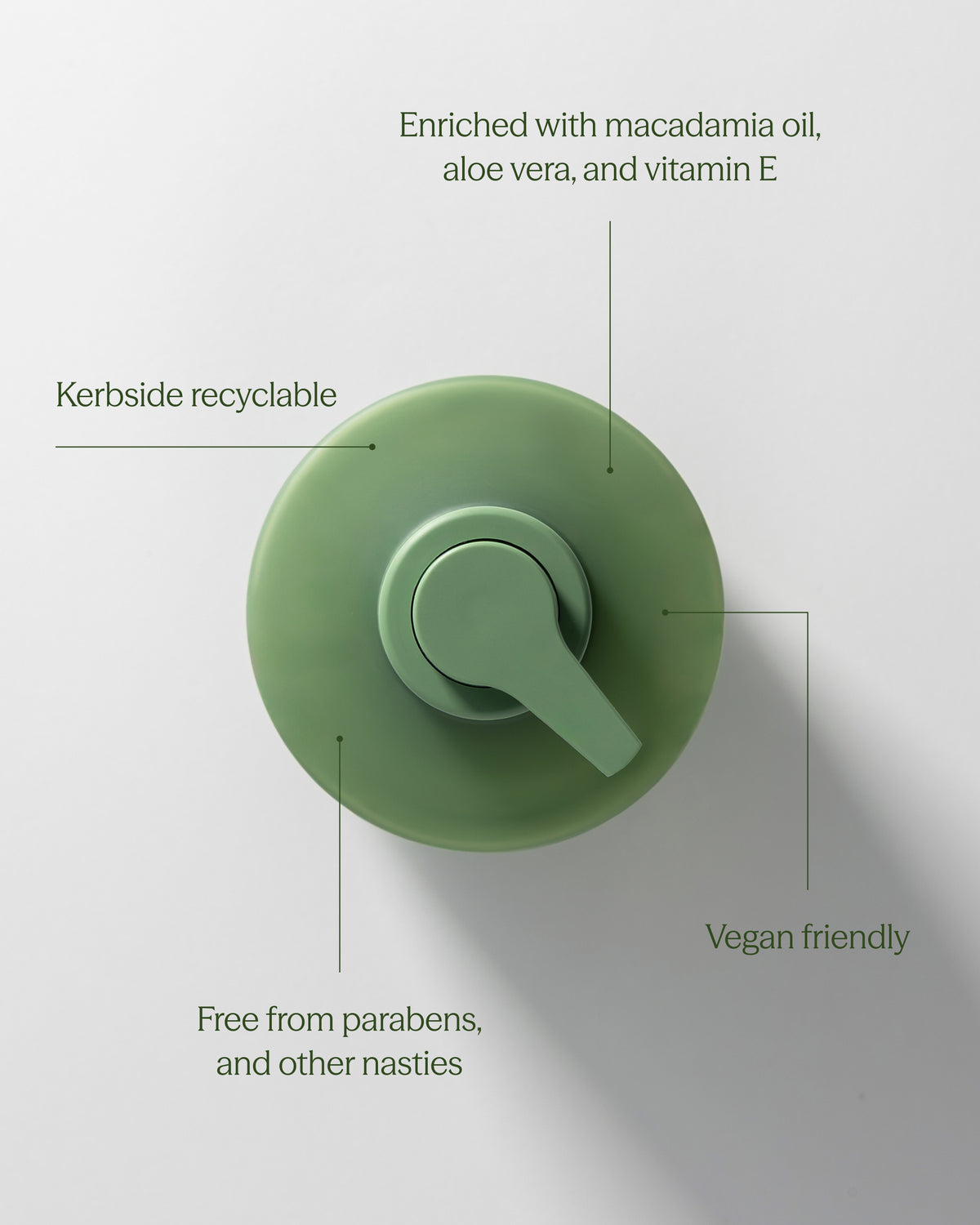 Feature panel listing macadamia oil, aloe vera and vitamin E, kerbside recyclable and vegan friendly