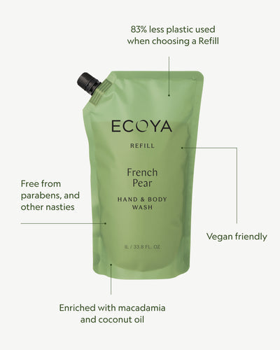 Ecoya French Pear refill pouch with labelled callouts on plastic saving and ingredients