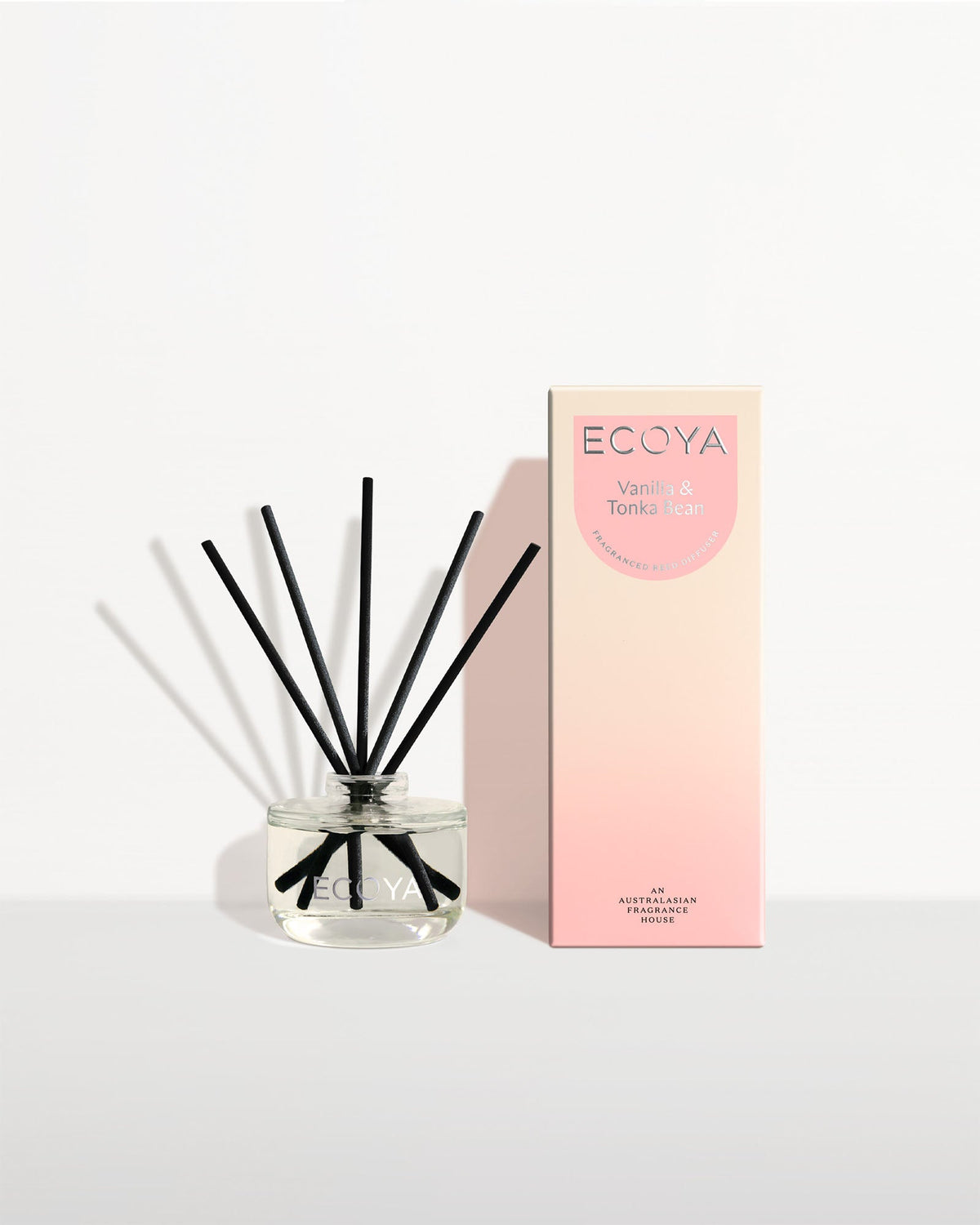 Ecoya Vanilla and Tonka Bean mini reed diffuser 50ml in a glass bottle with rattan reeds