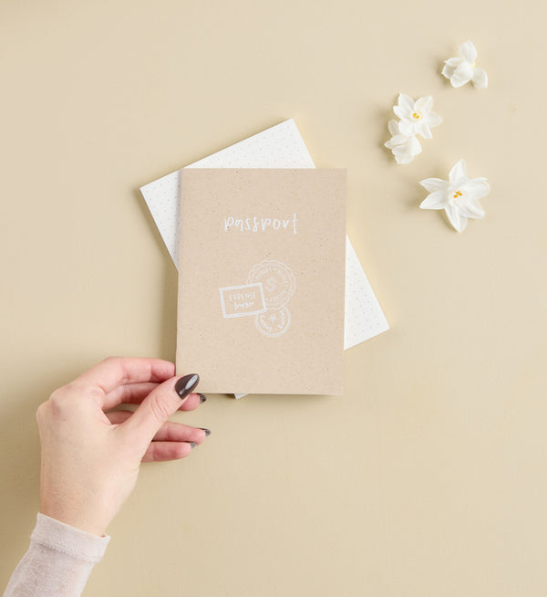 Pocket Passport expense tracker styled on desk by Emma Kate Co