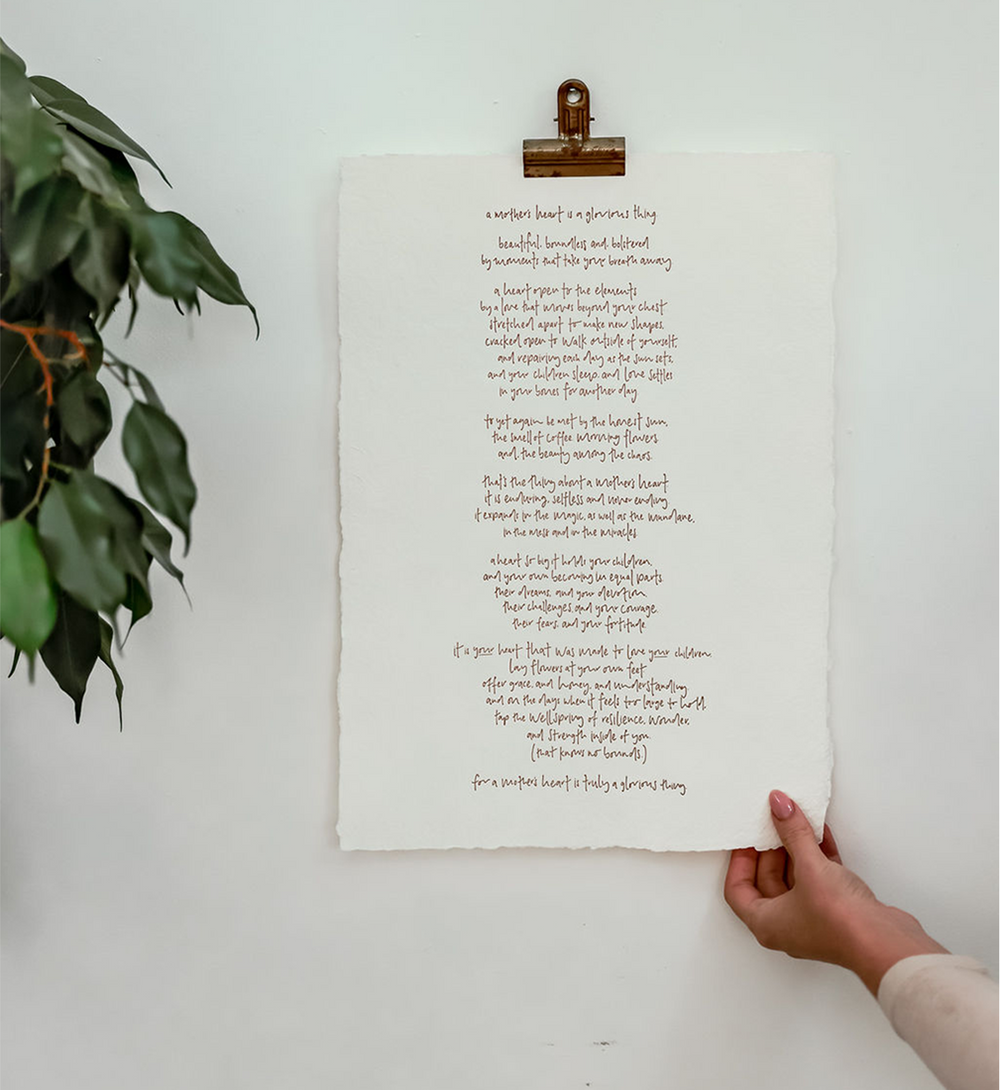 For the Mothers manifesto art print styled on a shelf, letterpressed wall art by Emma Kate Co