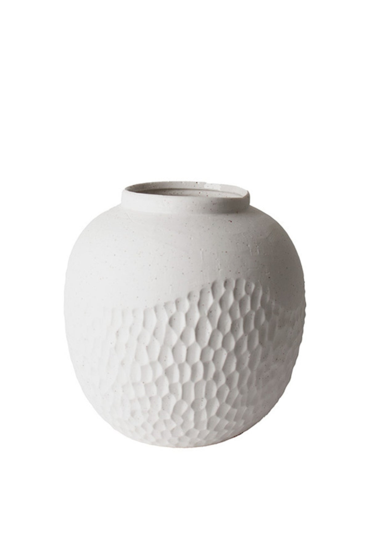 Ondular Bellied Pot, large, white rounded vessel with hammered texture below a wavy line