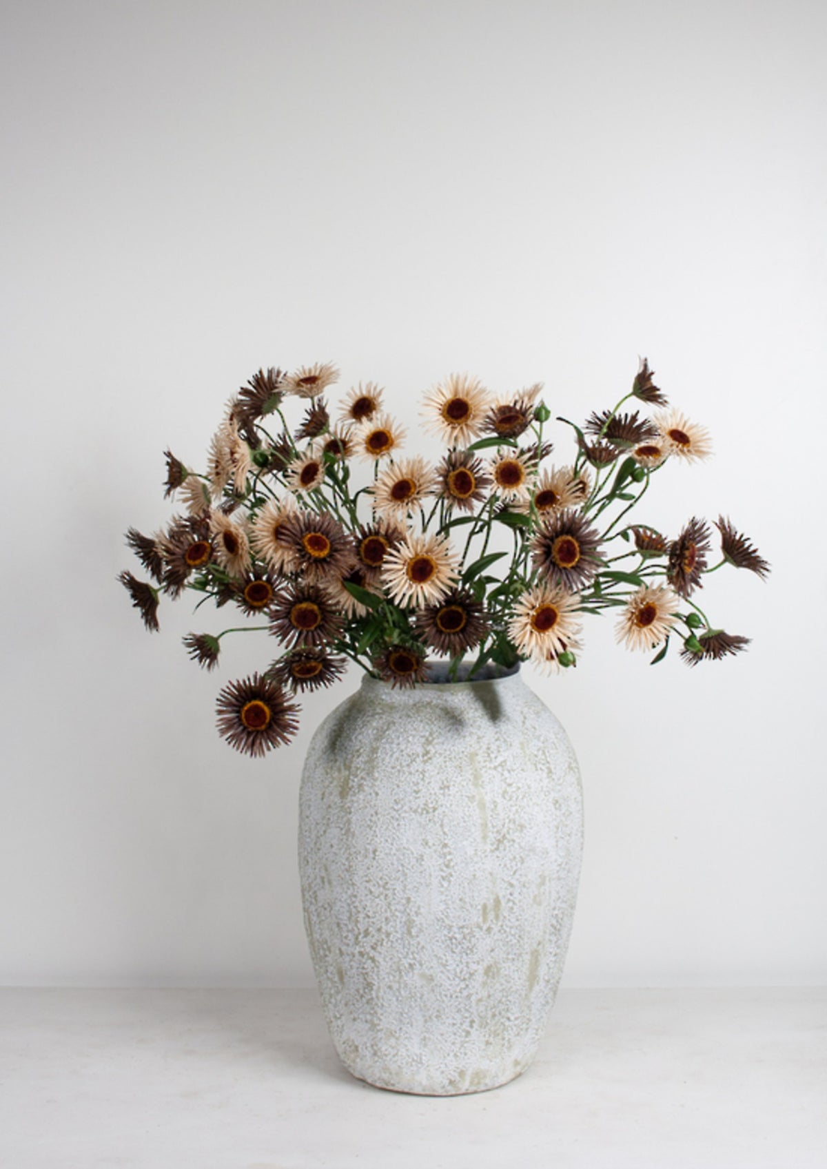 Alfresco Outdoor Pot holding rust and cream faux daisies against a grey wall