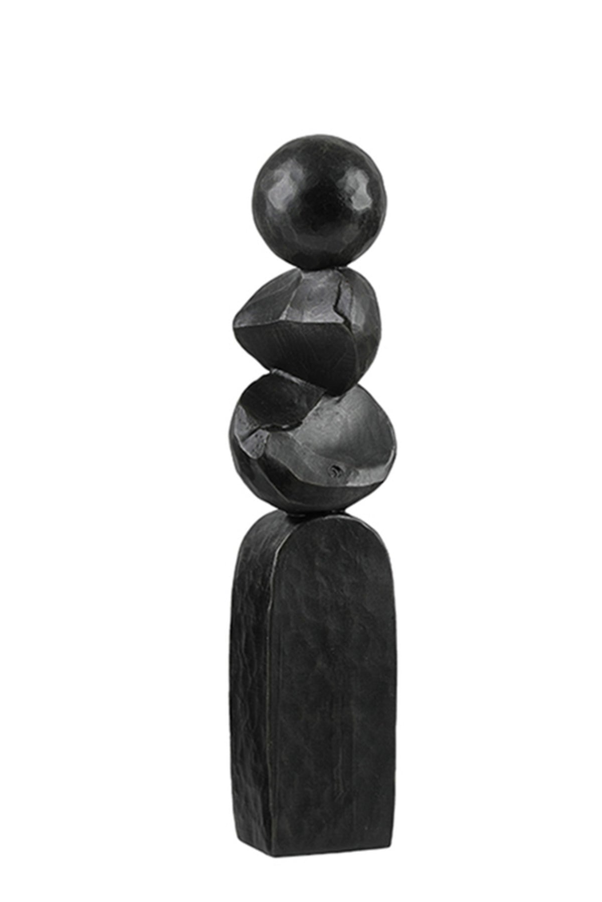 Large black Pillar sculpture of stacked rounded stones on a plain background