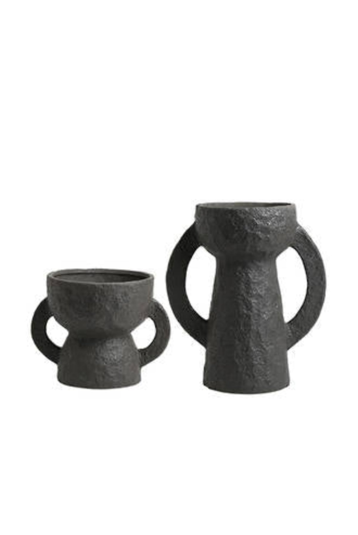 Small and large Modern Amphora vases side by side, on white