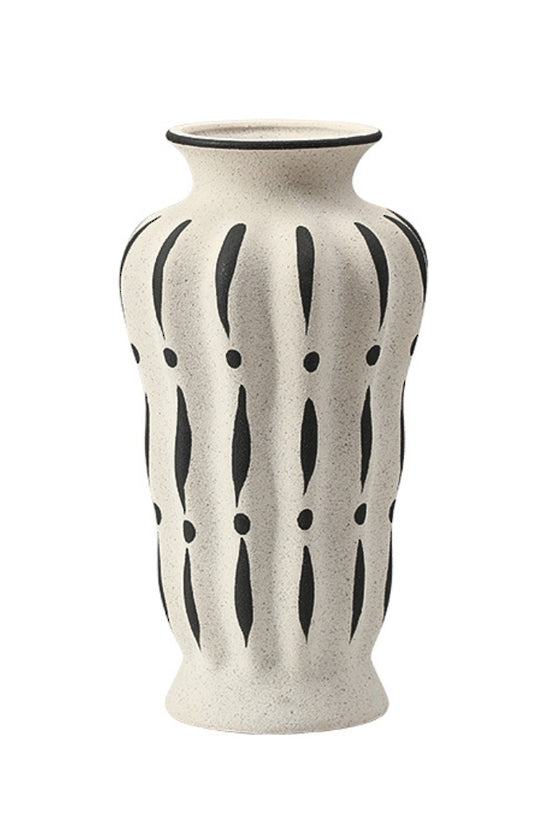 Zara vase in cream ceramic with black brushed stripes and dots down the body