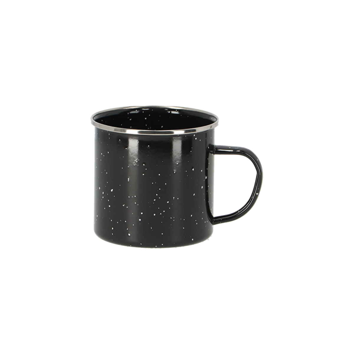 Black enamel mug flecked with white speckles, finished with a polished steel rim, on white