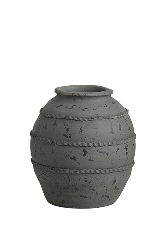 Sirocco vase in textured black, a rounded body banded with raised beaded ridges